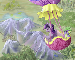 Size: 1250x1000 | Tagged: safe, artist:victorydanceofficial, imported from derpibooru, spike, twilight sparkle, alicorn, dragon, pony, duo, female, happy, hot air balloon, male, mare, mountain, open mouth, open smile, smiling, train tracks, twilight sparkle (alicorn), twinkling balloon