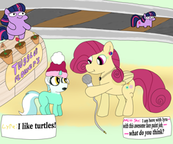 Size: 6048x5036 | Tagged: safe, artist:pinkiepie69, imported from derpibooru, lyra heartstrings, posey shy, twilight sparkle, pegasus, unicorn, age difference, face paint, flower, flower pot, meme, microphone, ponified meme, speech bubble, train station, twiggie