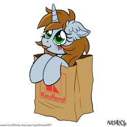 Size: 1024x1025 | Tagged: safe, artist:ryanthewolf07, imported from derpibooru, oc, oc:littlepip, pony, unicorn, fallout equestria, :p, bag, cute, ear fluff, kaufland, looking up, shopping bag, simple background, tongue out, white background