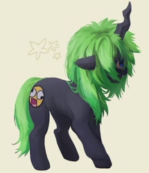Size: 1296x1505 | Tagged: safe, artist:jackieshounen, imported from derpibooru, oc, oc only, changeling, pony, unicorn, awesome face, green changeling, green hair, green tail, simple background, solo, tail, tan background