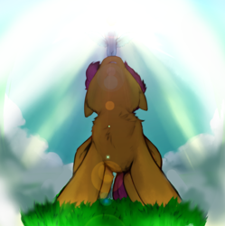 Size: 718x720 | Tagged: safe, artist:felan-tae, imported from derpibooru, rainbow dash, scootaloo, pegasus, pony, chest fluff, crepuscular rays, female, filly, foal, grass, looking up, low angle, mare