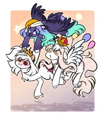 Size: 1200x1400 | Tagged: safe, artist:purplegrim40, imported from derpibooru, oc, oc only, pegasus, pony, balloon, chest fluff, female, holding a pony, mare, pegasus oc, smiling, trio