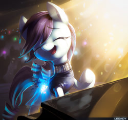 Size: 1168x1100 | Tagged: safe, artist:xennos, imported from derpibooru, coloratura, earth pony, pony, the mane attraction, 2015, clothes, crowd, crying, cutie mark, eyes closed, female, glowing cutie mark, mare, musical instrument, old art, open mouth, piano, raised hoof, rara, scene interpretation, singing, smiling, solo, tears of joy, the magic inside