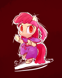 Size: 931x1176 | Tagged: safe, artist:fipoki, imported from derpibooru, apple bloom, earth pony, pony, bipedal, dungeons and dragons, female, filly, foal, headband, monk, pen and paper rpg, red background, rpg, simple background, solo