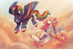 Size: 1500x1000 | Tagged: safe, artist:yuutakhin, imported from derpibooru, fluttershy, rainbow dash, pegasus, pony, alternate design, cloud, coat markings, colored wings, duo, female, flying, mare, multicolored wings, socks (coat markings), unshorn fetlocks, wings