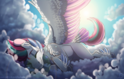 Size: 1986x1263 | Tagged: safe, artist:inuhoshi-to-darkpen, imported from derpibooru, zipp storm, pegasus, pony, adorazipp, cheek feathers, cloud, cute, eyes closed, feathered fetlocks, female, g5, mare, on a cloud, sleeping, sleeping on a cloud, solo