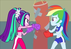 Size: 622x430 | Tagged: safe, artist:sapphiregamgee, imported from derpibooru, aria blaze, rainbow dash, human, equestria girls, boxing, boxing gloves, clothes, cropped, duo, duo female, female, punch, punching bag, shorts, sports, sports bra, sports shorts, workout outfit