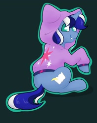 Size: 1170x1494 | Tagged: safe, artist:cadetredshirt, imported from derpibooru, oc, pony, unicorn, alicorn costume, clothes, commission, costume, cutie mark on clothes, digital art, fake horn, fake wings, hood, hoodie, looking at you, looking back, looking back at you, multicolored hair, multicolored mane, multicolored tail, over shoulder, raised hoof, shading, simple background, sitting, smiling, smiling at you, solo, tail, twilight sparkle costume, ych result