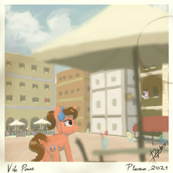 Size: 1077x1078 | Tagged: safe, artist:doughnutwubbs, imported from derpibooru, oc, oc only, oc:vibin' stellar, pony, unicorn, cafe, female, headphones, mare, photo, polaroid, town