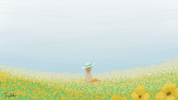 Size: 3840x2160 | Tagged: safe, artist:doughnutwubbs, imported from derpibooru, oc, oc only, pony, field, flower, flower field, hat, high res, rear view, sitting, solo, sun hat