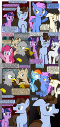 Size: 1920x4080 | Tagged: safe, artist:alexdti, imported from derpibooru, pinkie pie, rainbow dash, rarity, twilight sparkle, oc, oc:galloway, oc:hops barley, oc:malachi maker, oc:sluggo, oc:swan dive, alicorn, bat pony, earth pony, griffon, pegasus, pony, unicorn, comic:misery loves company, bat pony oc, bat wings, comic, dialogue, ear fluff, ear tufts, ears back, earth pony oc, eye contact, fangs, female, folded wings, glasses, griffon oc, grin, gritted teeth, high res, hooves, horn, lidded eyes, looking at each other, looking at someone, looking back, male, mare, narrowed eyes, open mouth, open smile, pegasus oc, pinpoint eyes, raised hoof, raised leg, smiling, speech bubble, stallion, teeth, twilight sparkle (alicorn), underhoof, unicorn oc, wall of tags, wings