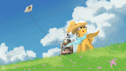 Size: 3840x2160 | Tagged: safe, artist:doughnutwubbs, artist:potato22, imported from derpibooru, oc, oc only, oc:mareota, oc:oulie mareota, pegasus, pony, cloud, field, high res, kite, neckerchief, open mouth, open smile, smiling, solo, standing, windswept mane