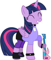 Size: 790x942 | Tagged: safe, artist:pagiepoppie12345, imported from derpibooru, twilight sparkle, alicorn, pony, clothes, collar, eyes closed, female, guitar, hi hi puffy ami yumi, holding, horn, mare, musical instrument, noodle arms, pants, shirt, shoes, simple background, skirt, skull, smiling, spiked collar, spikes, tomboy, transparent background, twilight sparkle (alicorn), wings, wristband, yumi yoshimura