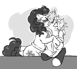 Size: 2959x2647 | Tagged: safe, artist:djkaskan, imported from derpibooru, saffron masala, zesty gourmand, pony, unicorn, age difference, black and white, blushing, duo, eyes closed, female, grayscale, kiss on the lips, kissing, lesbian, mare, monochrome, shipping, simple background, white background, zesty masala