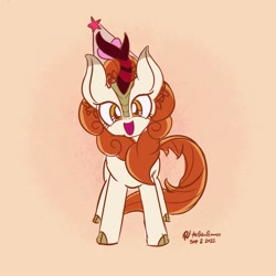 Size: 2250x2250 | Tagged: safe, artist:theratedrshimmer, imported from derpibooru, autumn blaze, kirin, awwtumn blaze, cute, excited, female, happy, hat, head tilt, kirinbetes, looking at you, open mouth, open smile, party hat, smiling, smiling at you, solo