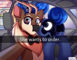 Size: 1852x1436 | Tagged: safe, artist:shadowreindeer, imported from derpibooru, princess luna, oc, oc:kevin reindeer, alicorn, pony, butt, car, car interior, connor rk900, detroit: become human, food, he wants to order, meme, moonbutt, plot, rk900, selfie, snapchat