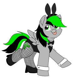 Size: 1182x1248 | Tagged: safe, artist:eowyn, imported from derpibooru, oc, oc only, oc:nighty, pegasus, :p, bowtie, bunny ears, bunny suit, clothes, crossdressing, fishnets, male, pegasus oc, shoes, simple background, solo, spread wings, tongue out, transparent background, wings