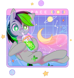 Size: 873x916 | Tagged: safe, artist:wavecipher, imported from derpibooru, oc, oc:nighty, pegasus, pony, commission, constellation, drink, drinking, drinking straw, male, pegasus oc, solo, space, straw, white pupils, ych result