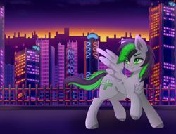 Size: 4096x3128 | Tagged: safe, artist:bizarrepony, imported from derpibooru, oc, oc only, oc:nighty, pegasus, city, cityscape, crossover, dawn, detailed background, fence, male, pegasus oc, skyscraper, solo, sonic mania, sonic the hedgehog (series), spread wings, studiopolis, wings