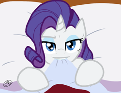 Size: 1000x773 | Tagged: safe, artist:the-kinetic, imported from derpibooru, rarity, pony, unicorn, 2012, bed, bedroom eyes, biting, biting the blanket, female, old art, solo