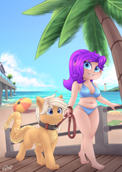 Size: 2720x3825 | Tagged: safe, artist:rivin177, imported from derpibooru, oc, oc only, oc:izama boa, oc:rivin, human, original species, rattlesnake, snake, snake pony, beach, beautiful, belly button, bikini, bikini bottom, bikini top, blue eyes, boat, breasts, bridge, claws, clothes, cloud, collar, dock, duo, female, heart, heart mark, humanized, leash, lighthouse, looking at you, male, ocean, palm tree, pet, pet play, plump, purple hair, rattle, sky, smiling, smiling at you, swimsuit, tail, tree, walking, water, white hair