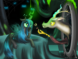 Size: 2032x1534 | Tagged: safe, artist:giuliabeck, imported from derpibooru, discord, queen chrysalis, changeling, changeling queen, draconequus, changeling hive, crown, discolis, duo, female, flower, glowing, glowing horn, horn, jewelry, male, portal, regalia, shipping, straight