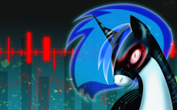 Size: 2600x1620 | Tagged: safe, artist:giuliabeck, imported from derpibooru, dj pon-3, vinyl scratch, pony, unicorn, corrupted, female, nightmare vinyl, nightmarified, slit pupils, solo