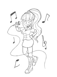 Size: 768x1024 | Tagged: safe, artist:tiga mega, imported from derpibooru, sonata dusk, human, equestria girls, black and white, breasts, busty sonata dusk, clothes, female, gem, grayscale, grin, hand on hip, jewelry, looking at you, microphone, monochrome, music notes, necklace, one eye closed, simple background, siren gem, smiling, smiling at you, solo, spiked wristband, white background, wink, winking at you, wristband