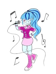 Size: 768x1024 | Tagged: safe, artist:tiga mega, imported from derpibooru, sonata dusk, human, equestria girls, breasts, busty sonata dusk, cleavage, clothes, female, gem, grin, hand on hip, jewelry, looking at you, microphone, music notes, necklace, one eye closed, simple background, siren gem, smiling, smiling at you, solo, spiked wristband, white background, wink, winking at you, wristband