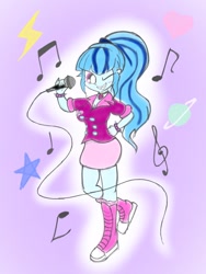 Size: 768x1024 | Tagged: safe, artist:tiga mega, imported from derpibooru, sonata dusk, human, equestria girls, breasts, busty sonata dusk, clothes, female, gem, grin, hand on hip, heart, jewelry, looking at you, microphone, music notes, necklace, one eye closed, purple background, simple background, siren gem, smiling, smiling at you, solo, spiked wristband, stars, wink, winking at you, wristband