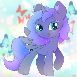 Size: 2000x2000 | Tagged: safe, artist:zokkili, imported from derpibooru, princess luna, alicorn, butterfly, pony, abstract background, colored eyelashes, cute, ear fluff, ethereal mane, female, filly, foal, horn, looking at you, lunabetes, open mouth, open smile, raised hoof, smiling, smiling at you, solo, spread wings, wings, woona, younger