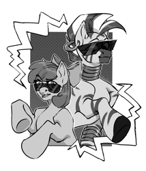 Size: 2503x2921 | Tagged: safe, artist:djkaskan, imported from derpibooru, apple bloom, zecora, earth pony, pony, zebra, black and white, comic style, grayscale, monochrome