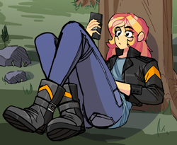 Size: 2086x1713 | Tagged: safe, artist:exvius, imported from derpibooru, sunset shimmer, human, equestria girls, boots, cellphone, clothes, denim, female, forest background, jacket, jeans, leather, leather jacket, pants, phone, shoes, sitting, solo