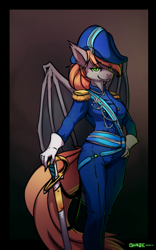 Size: 1056x1690 | Tagged: safe, artist:g-haze, imported from derpibooru, oc, oc only, anthro, bat pony, clothes, fancy, soldier, solo, sword, uniform, uniform hat, weapon