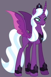 Size: 3030x4545 | Tagged: safe, artist:feather_bloom, imported from derpibooru, opaline arcana, alicorn, pony, spoiler:g5, spoiler:my little pony: make your mark, antagonist, crown, curved horn, eyebrows, eyeshadow, female, g4, g5, g5 to g4, generation leap, gray background, high res, horn, jewelry, makeup, mare, my little pony: make your mark, queen, regalia, simple background, smiling, smirk, solo, spread wings, wings