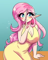 Size: 1800x2263 | Tagged: safe, artist:mylittleyuri, imported from derpibooru, fluttershy, human, alternate hairstyle, blushing, breasts, busty fluttershy, cleavage, clothes, dress, elf ears, female, humanized, shhh, solo