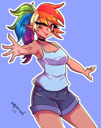 Size: 1800x2281 | Tagged: safe, artist:mylittleyuri, imported from derpibooru, rainbow dash, human, :p, alternate hairstyle, armpits, bare shoulders, blue background, blushing, choker, clothes, elf ears, female, humanized, moderate dark skin, one eye closed, shorts, simple background, sleeveless, solo, tanktop, tongue out, wink