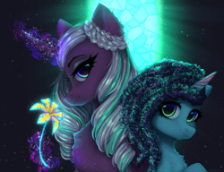 Size: 2600x2000 | Tagged: safe, artist:avrameow, imported from derpibooru, opaline arcana, alicorn, pony, unicorn, spoiler:g5, spoiler:my little pony: make your mark, duo, duo female, female, flower, g5, glowing, glowing horn, high res, horn, looking at you, magic, magic aura, mare, misty brightdawn, ocean lily, smiling, smiling at you, telekinesis