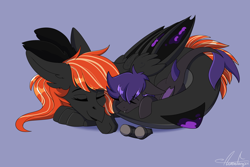 Size: 3000x2000 | Tagged: safe, artist:aurorafang, imported from derpibooru, oc, oc:raven stargazer, oc:remnant, bat pony, draconequus, original species, shark, shark pony, cuddling, sleeping