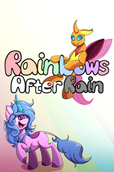 Size: 2000x3000 | Tagged: safe, artist:littletigressda, imported from derpibooru, izzy moonbow, sunny starscout, changedling, changeling, kirin, fanfic:rainbows after rain, changedlingified, changelingified, fanfic, fanfic art, fanfic cover, female, g5, kirin-ified, mare, obscured text, simple background, species swap, text