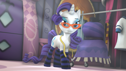 Size: 1920x1080 | Tagged: safe, artist:midnightdanny, imported from derpibooru, rarity, pony, unicorn, 3d, boutique, clothes, glasses, looking at you, socks, solo, source filmmaker, striped socks