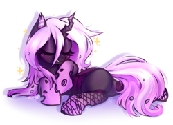 Size: 2510x1819 | Tagged: safe, artist:kannakiller, imported from derpibooru, oc, oc only, oc:mirage, changeling, pony, blushing, changeling oc, clothes, cute, digital art, eyes closed, female, fishnets, gift art, horn, mare, purple changeling, simple background, sketch, smiling, socks, solo, sparkles, white background