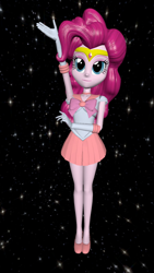 Size: 1080x1920 | Tagged: safe, artist:oatmeal!, imported from derpibooru, pinkie pie, human, equestria girls, 3d, accessory swap, clothes, costume, gmod, legs together, miniskirt, pose, sailor laughter, sailor moon, sailor scout, sailor venus, simple background, skirt, solo, space