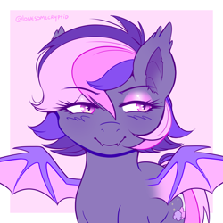 Size: 1400x1400 | Tagged: safe, artist:lonesomecryptid, imported from derpibooru, oc, oc only, bat pony, pony, bat pony oc, bat wings, eyeshadow, makeup, pink background, pink eyeshadow, purple eyes, purple hair, simple background, solo, wings