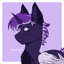 Size: 1400x1400 | Tagged: safe, artist:lonesomecryptid, imported from derpibooru, oc, pony, commission, horn, icon, purple background, purple hair, red eyes, simple background, solo, wings