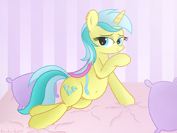 Size: 4032x3016 | Tagged: safe, artist:rainbowšpekgs, imported from derpibooru, lemony gem, pony, unicorn, bed, bedroom, bedroom eyes, belly, belly button, chubby, clothes, female, leaning, looking at you, lying, mare, pillow, raised hoof, saddle, seductive pose, show accurate, small clothes, smiling, solo