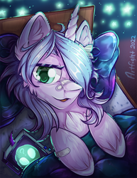 Size: 700x906 | Tagged: safe, artist:mychelle, imported from derpibooru, oc, oc:aurora lights, pony, unicorn, bandaid, book, female, mare, solo