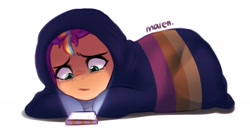Size: 2048x1075 | Tagged: safe, artist:maren, imported from derpibooru, sunny starscout, earth pony, pony, spoiler:g5, spoiler:my little pony: tell your tale, spoiler:tyts01e21, blanket burrito, cellphone, crying, doodle, female, g5, mare, multicolored hair, my bananas, my little pony: tell your tale, phone, rainbow hair, sad, simple background, teary eyes, white background
