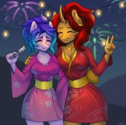 Size: 3500x3471 | Tagged: safe, artist:naet, imported from derpibooru, oc, oc only, anthro, earth pony, breasts, cleavage, curved horn, duo, duo female, ear piercing, earring, eyes closed, female, fireworks, food, horn, jewelry, peace sign, piercing, string lights, vaguely asian robe