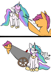 Size: 1500x2100 | Tagged: safe, artist:lil_vampirecj, imported from derpibooru, princess celestia, scootaloo, alicorn, pegasus, pony, cake, cannon, comedy, comic, explosives, female, filly, foal, food, funny, mare, match, mouth hold, pony cannonball, silly, simple background, smiling, this will end in a trip to the moon, throwing, to the moon, trollestia, wheel, white background